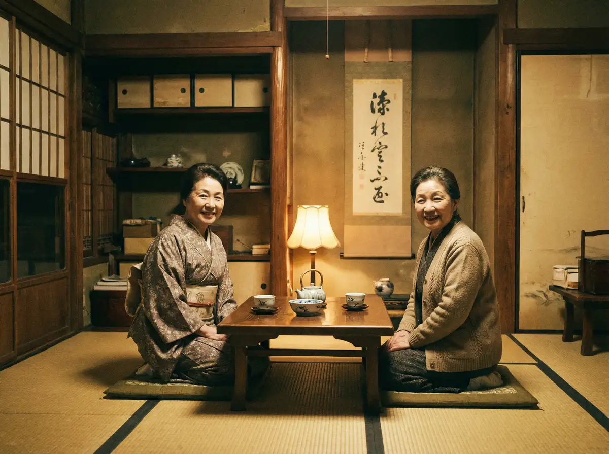 两位优雅的 半岛体育(BOB)平台 在日式茶室中品茶交谈